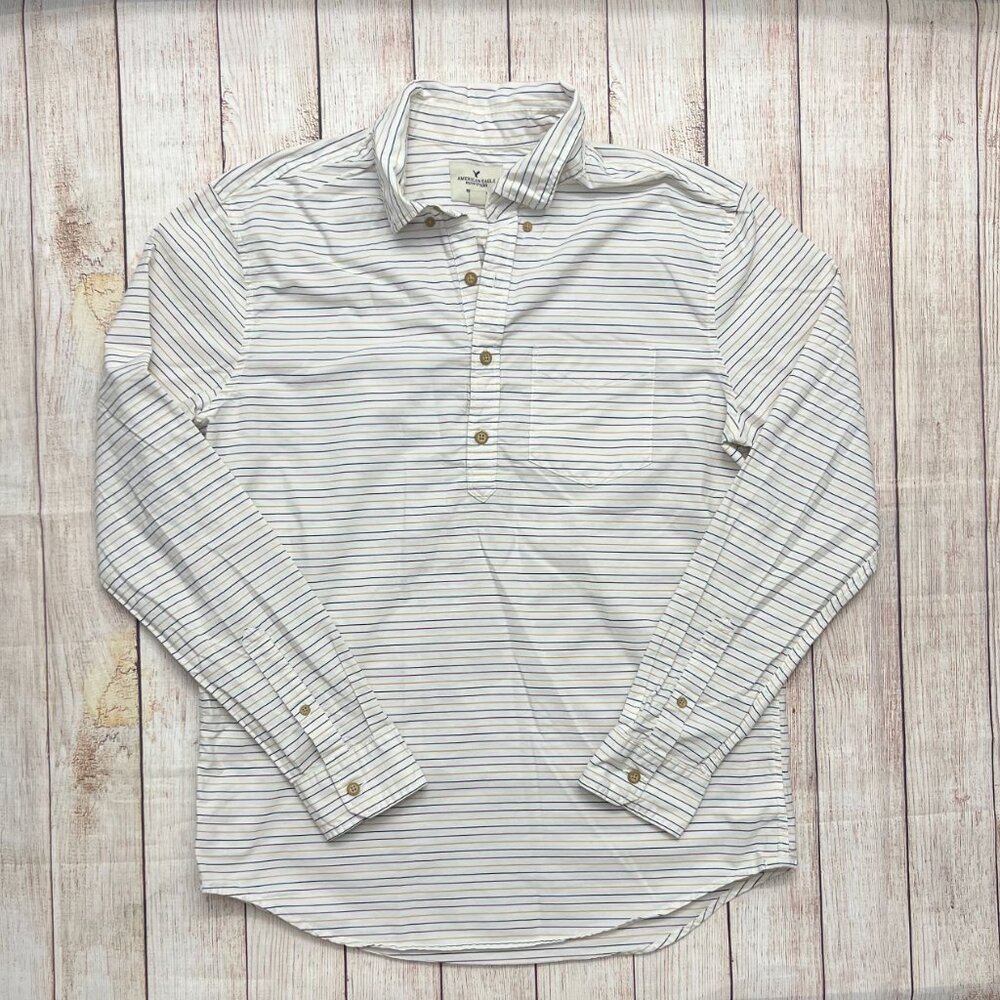 American Eagle Mens Shirt Large White Multi Stripe Long Sleeve Button Down‎